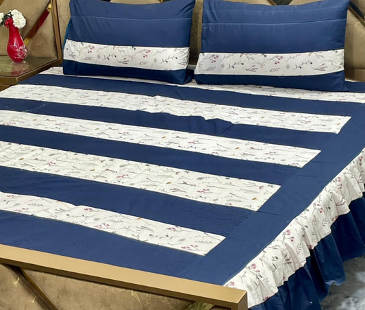 Luxury 3-Piece Frill Patchwork Double Bed Bedsheet Set β Soft Cotton Blend, Multicolor, Includes 2 Pillow Covers, Elegant Frilled Edges - Design 1
