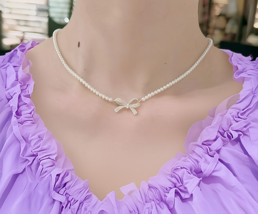 PQT-992 - Bow Shape Pearl Pendant Necklace for Women – Dainty Jewelry with Sparkling Bow Design | Available in Silver & Golden Finish | Perfect Gift for Weddings, Parties & Everyday Glamour - Golden