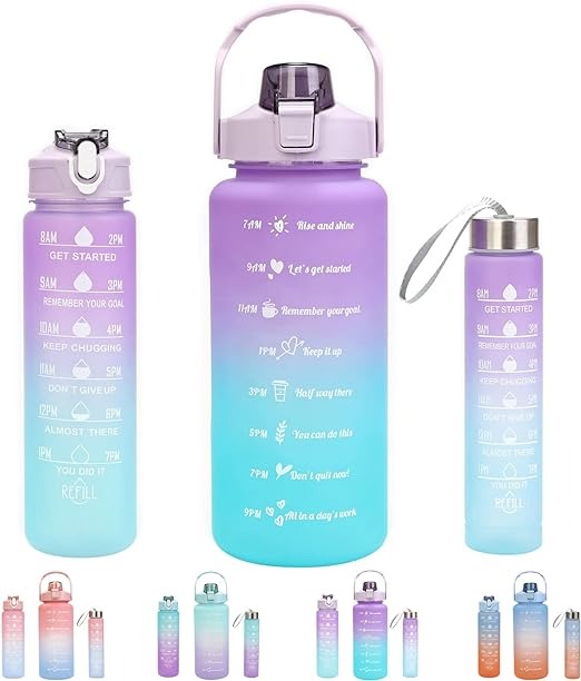3 Piece Motivational Water Bottle Set BPA Free Plastic Gradient Colors For Students Fitness And Daily Use | Random Color