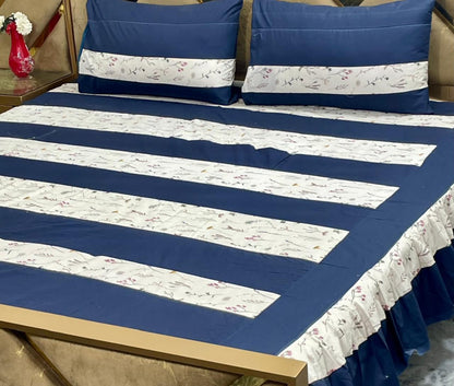 Luxury 3-Piece Frill Patchwork Double Bed Bedsheet Set – Soft Cotton Blend, Multicolor, Includes 2 Pillow Covers, Elegant Frilled Edges - Design 1