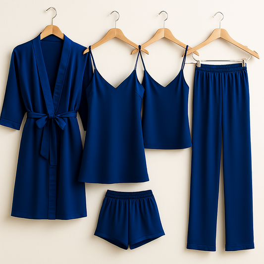 5-Piece Satin Sleepwear Set – Robe, Camisole, Shorts, Pants & Slip Dress Free Size (Black)
