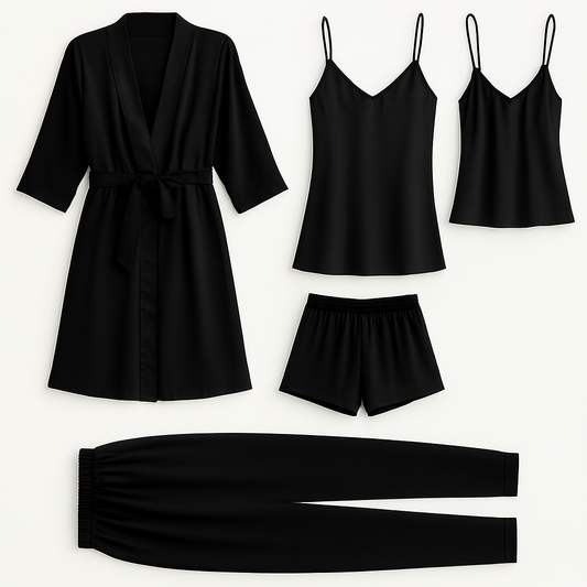 5-Piece Satin Sleepwear Set – Robe, Camisole, Shorts, Pants & Slip Dress Free Size (Black)