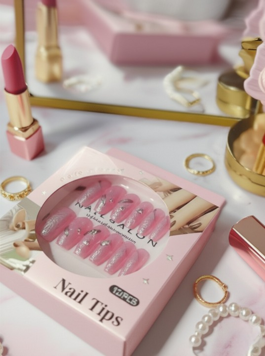 Luxury Pink Nail Tips Set – 12 PCS False Nails with Glitter & Rhinestone Design | Elegant Salon-Style Press-On Nails for Parties, Weddings & Everyday Fashion