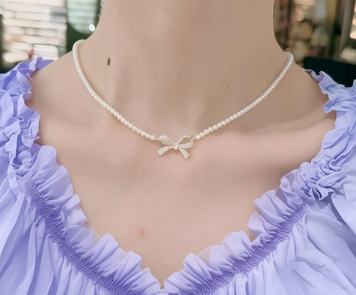 PQT-992 - Bow Shape Pearl Pendant Necklace for Women – Dainty Jewelry with Sparkling Bow Design | Available in Silver & Golden Finish | Perfect Gift for Weddings, Parties & Everyday Glamour - Golden