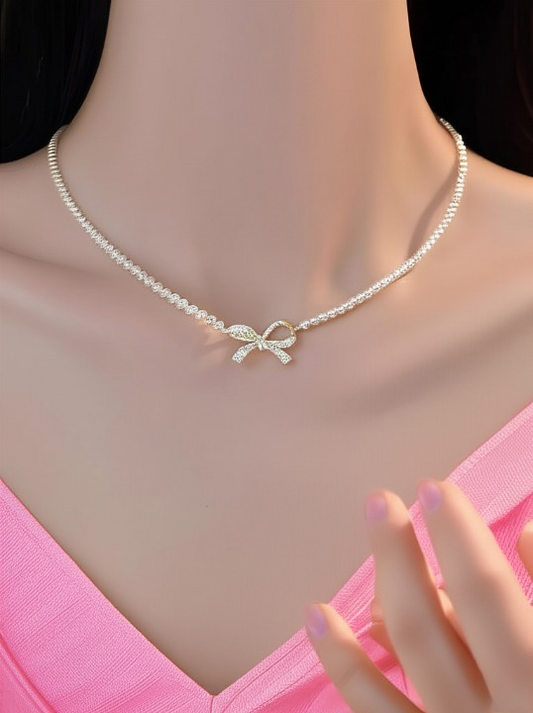 PQT-992 - Bow Shape Pearl Pendant Necklace for Women – Dainty Jewelry with Sparkling Bow Design | Available in Silver & Golden Finish | Perfect Gift for Weddings, Parties & Everyday Glamour - Golden