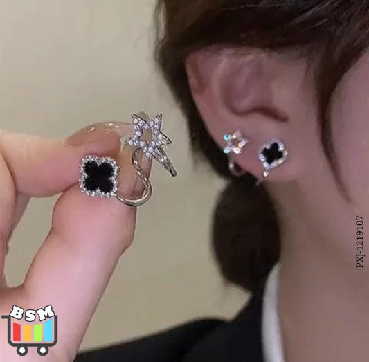 Sparkling Clover Star Earrings – Gold Plated Fashion Jewelry with Black Enamel & Crystal Detailing ( PXJ-107) - Golden