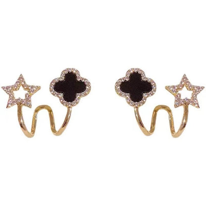 Sparkling Clover Star Earrings – Gold Plated Fashion Jewelry with Black Enamel & Crystal Detailing ( PXJ-107) - Golden