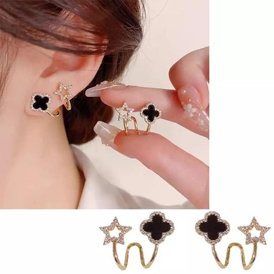 Sparkling Clover Star Earrings – Gold Plated Fashion Jewelry with Black Enamel & Crystal Detailing ( PXJ-107) - Golden