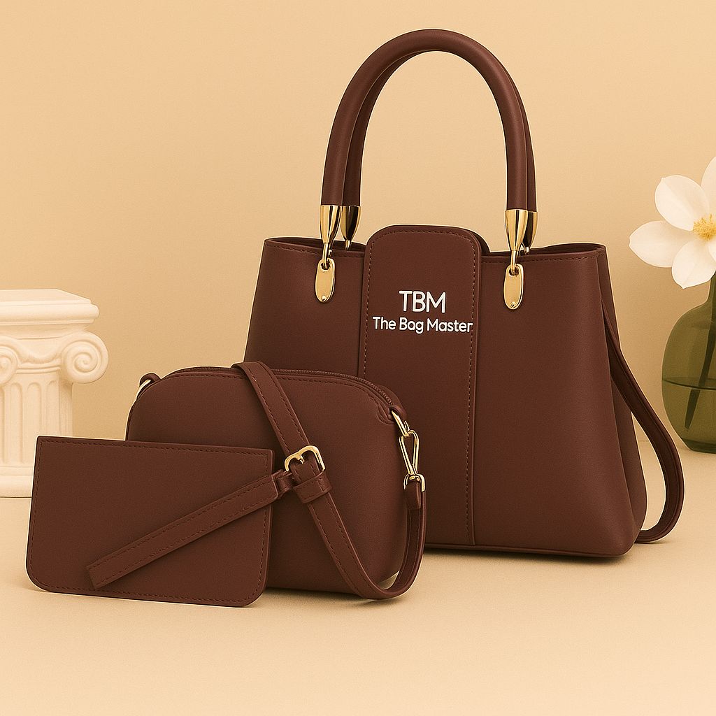 3 Pieces Ladies Handbag Elegant Design Premium Quality Smooth Finish Easy Carry - Black