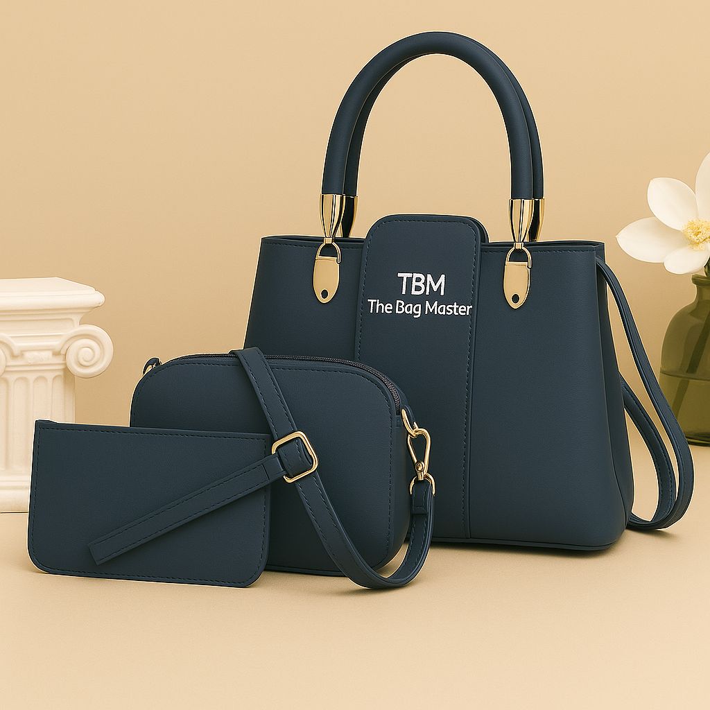 3 Pieces Ladies Handbag Elegant Design Premium Quality Smooth Finish Easy Carry - Black