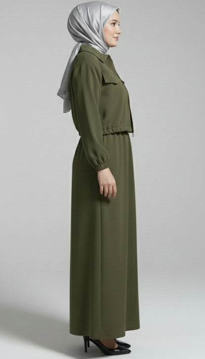 Stylish 2 Piece Set Long Frock Maxi Dress With Matching Zipper Jacket Premium Quality