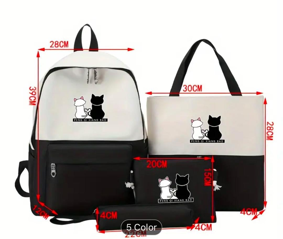 Cute Cat Print 5-in-1 School Bag Set for Girls – Backpack, Handbag, Crossbody Pouch, Pencil Case & Lunch Bag Stylish Combo black