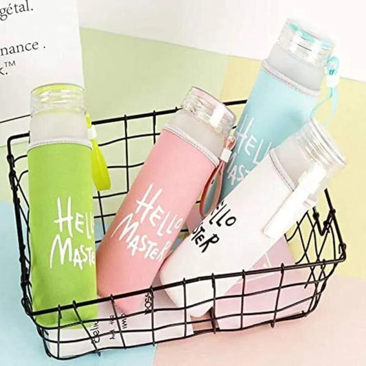 Hello Master 480ml Frosted Glass Water Bottle - Transparent Leak-Proof Portable Drinkware with Carrying Strap (Random Color) Rs 364