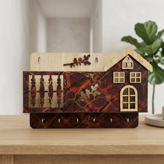 Decorative Wooden House Key Holder – Wall Mounted Key Organizer with 6 Hooks & Marble Finish Design