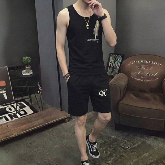 Men's Summer Sando & Shorts Set – Stretchable Cotton Jersey Fabric, Soft Breathable Sleeveless Top and Comfortable (Size Medium)