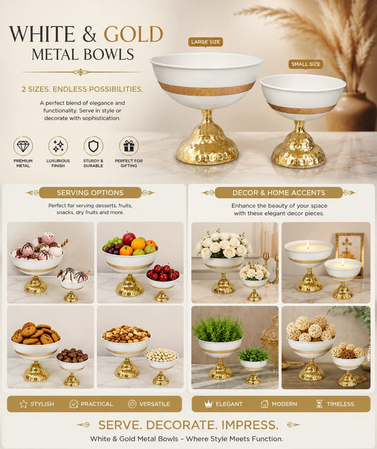 Luxury Metal Decorative Bowl White & Gold Finish | Size 25x25x25cm