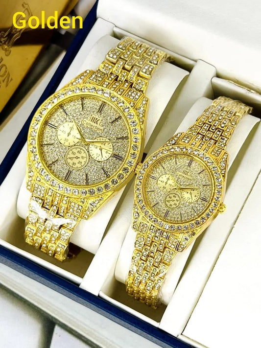 Luxury Diamond-Accented Couple Watch Set (Without Box) - Golden