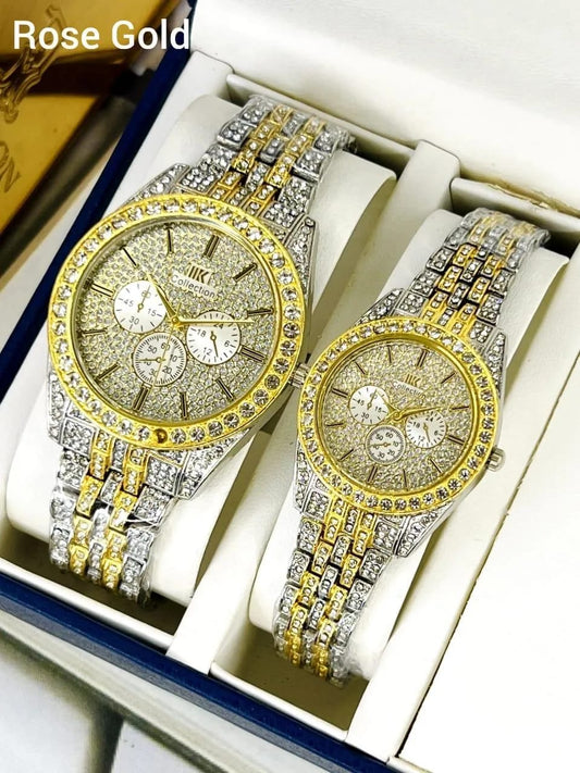 Luxury Diamond-Accented Couple Watch Set (Without Box) - Golden