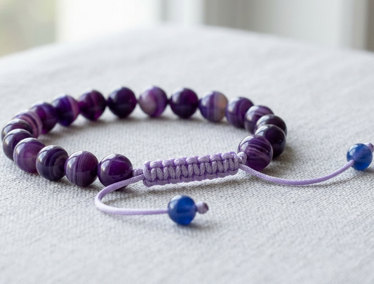Amythest Stone Braclet - Natural Purple Crystal Healing Quartz Gemstone Stretch Wrist Band - Adjustable