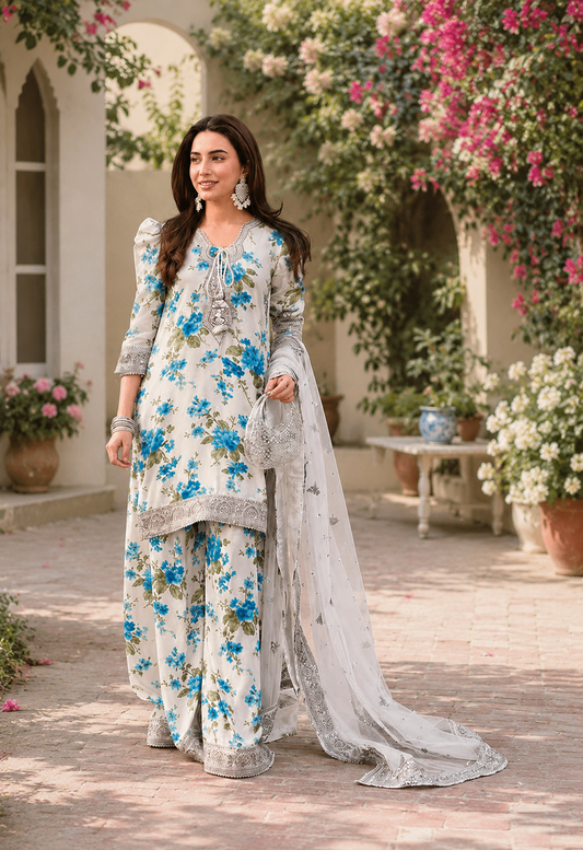 Elegant All-Over Print Embroidered Lawn 3 Piece Unstitched EID Dress with Embroidered Chiffon Dupatta