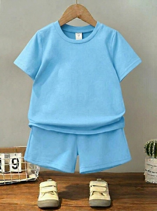 Kids Plain Summer Tracksuit Set – Soft Cotton Blend Half Sleeve T-Shirt & Comfortable Shorts Co-Ord Outfit for Boy