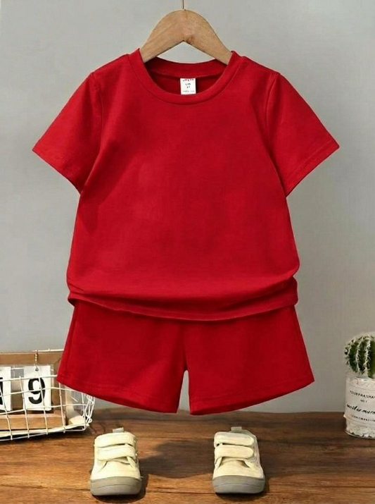 Kids Plain Summer Tracksuit Set – Soft Cotton Blend Half Sleeve T-Shirt & Comfortable Shorts Co-Ord Outfit for Boy